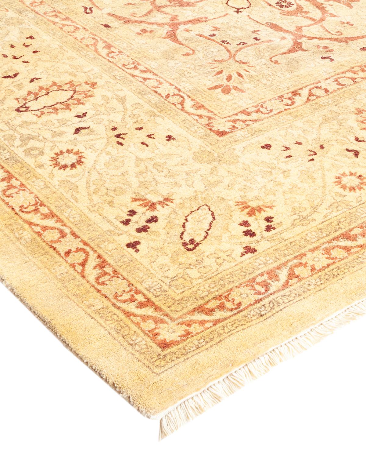 Wool One-Of-A-Kind Hand Made Traditional Mogul Beige Area Rug For Sale