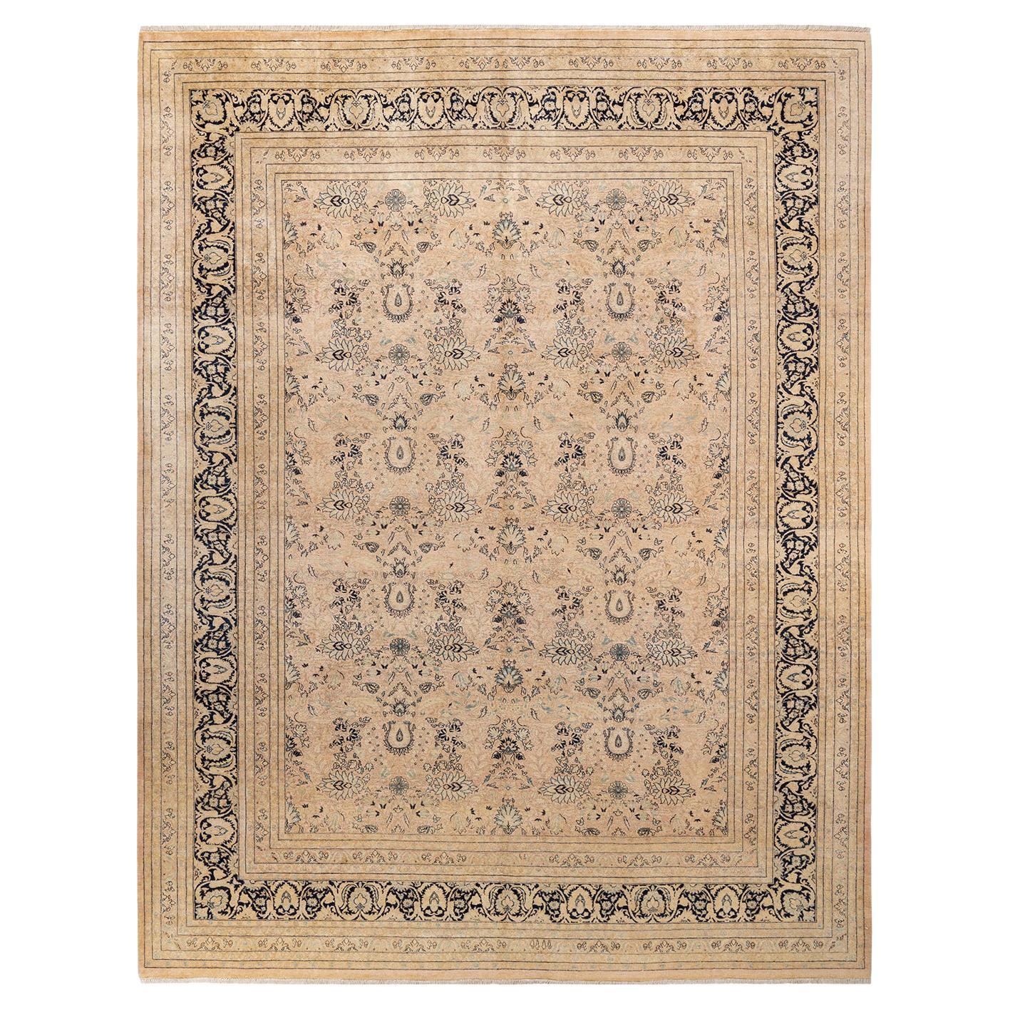 Handgefertigter, traditioneller Mogul-Beige-Teppich, Unikat