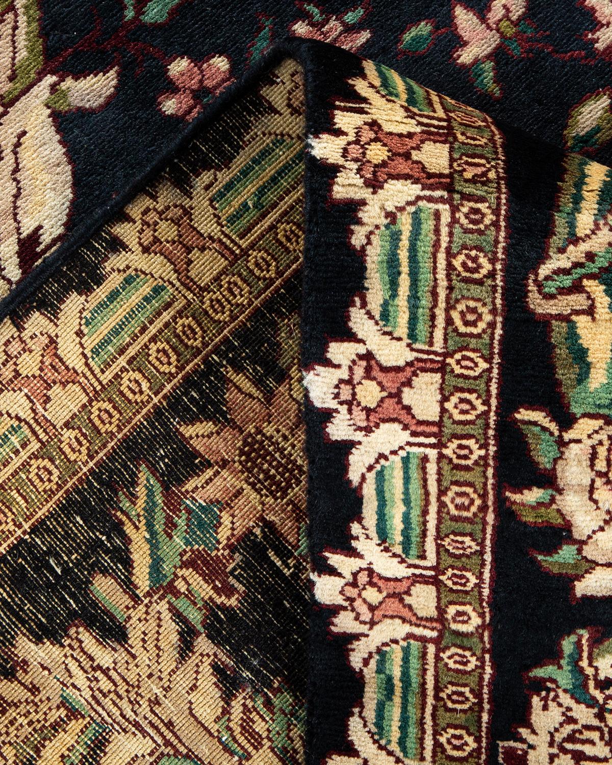 Pakistani One-Of-A-Kind Hand Made Traditional Mogul Black Area Rug For Sale