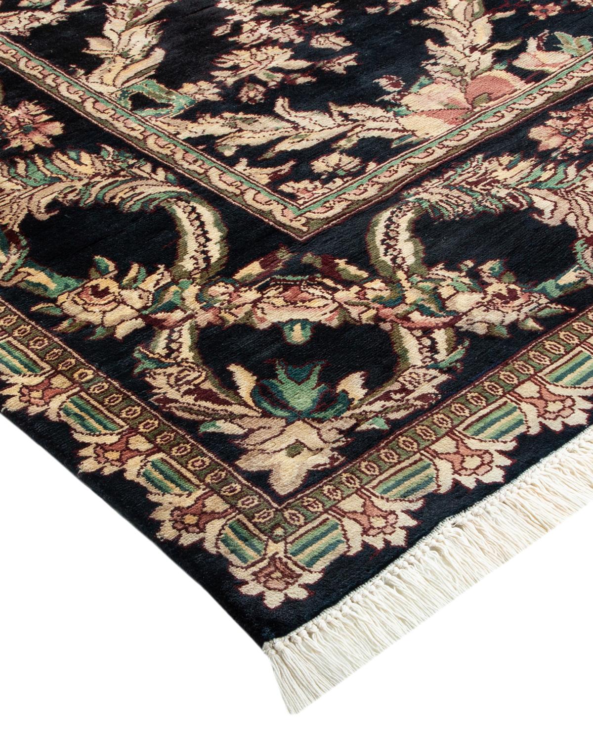 Laine Tapis traditionnel Mogul noir unique fait à la main, unique en son genre en vente