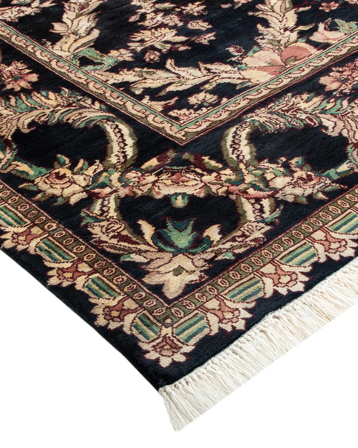 Wool One-Of-A-Kind Hand Made Traditional Mogul Black Area Rug For Sale