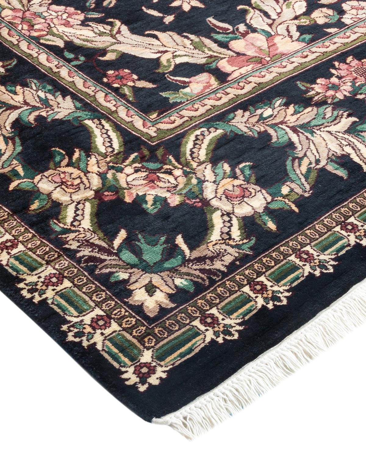 Wool One-Of-A-Kind Hand Made Traditional Mogul Black Area Rug For Sale