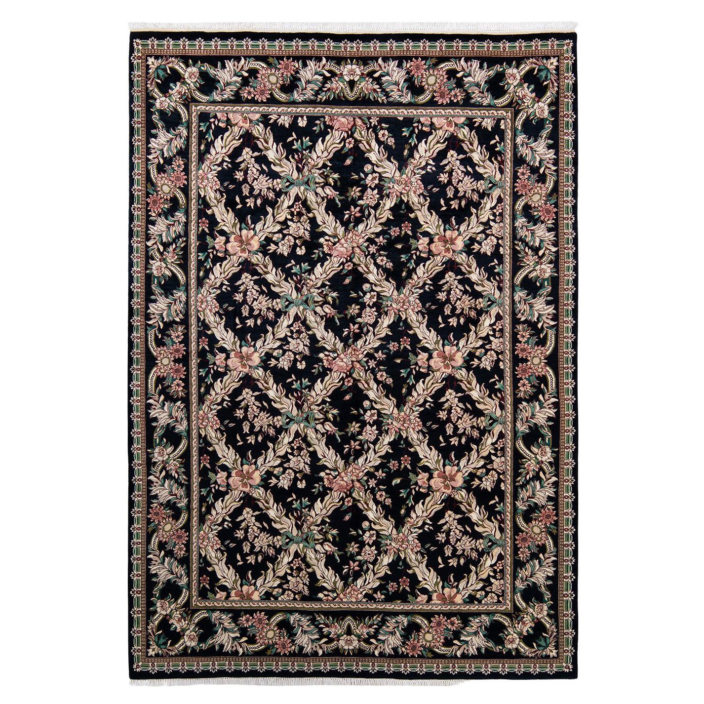 One-Of-A-Kind Hand Made Traditional Mogul Black Area Rug For Sale