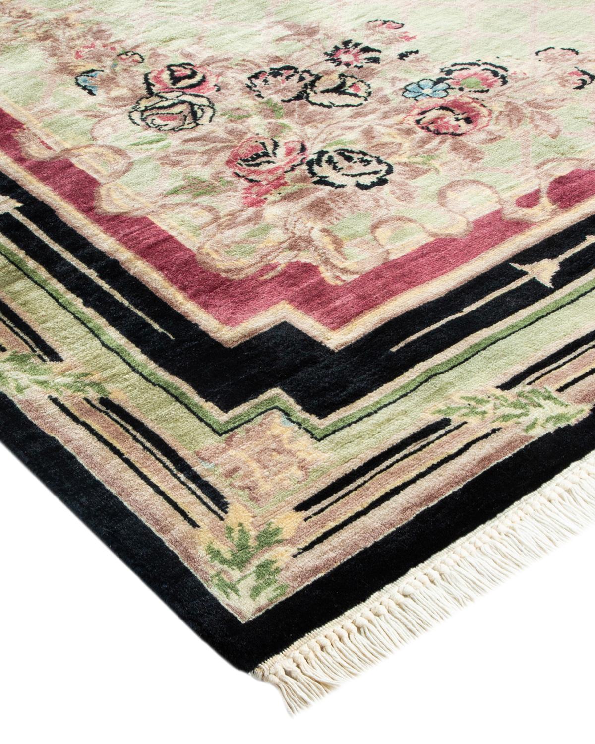 Wool One-Of-A-Kind Hand Made Traditional Mogul Black Area Rug For Sale