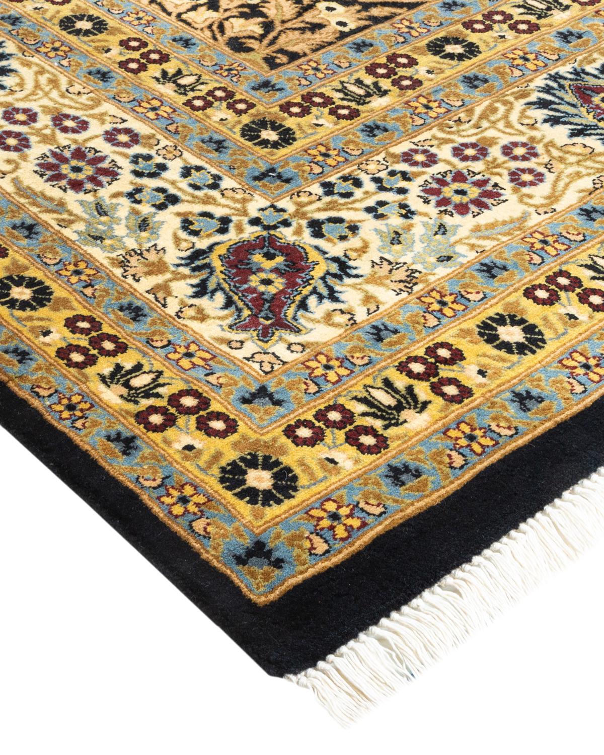 Tapis traditionnel Mogul noir, unique en son genre, fait à la main en vente 1