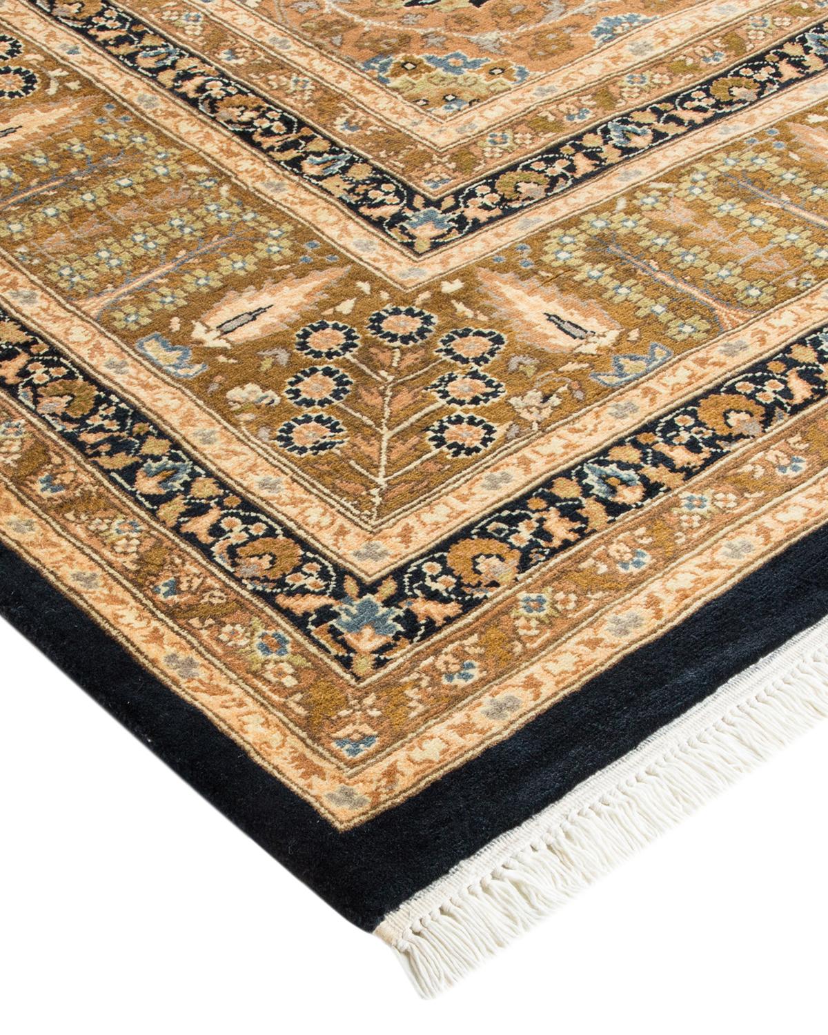 Laine Tapis traditionnel Mogul noir unique fait à la main, unique en son genre en vente