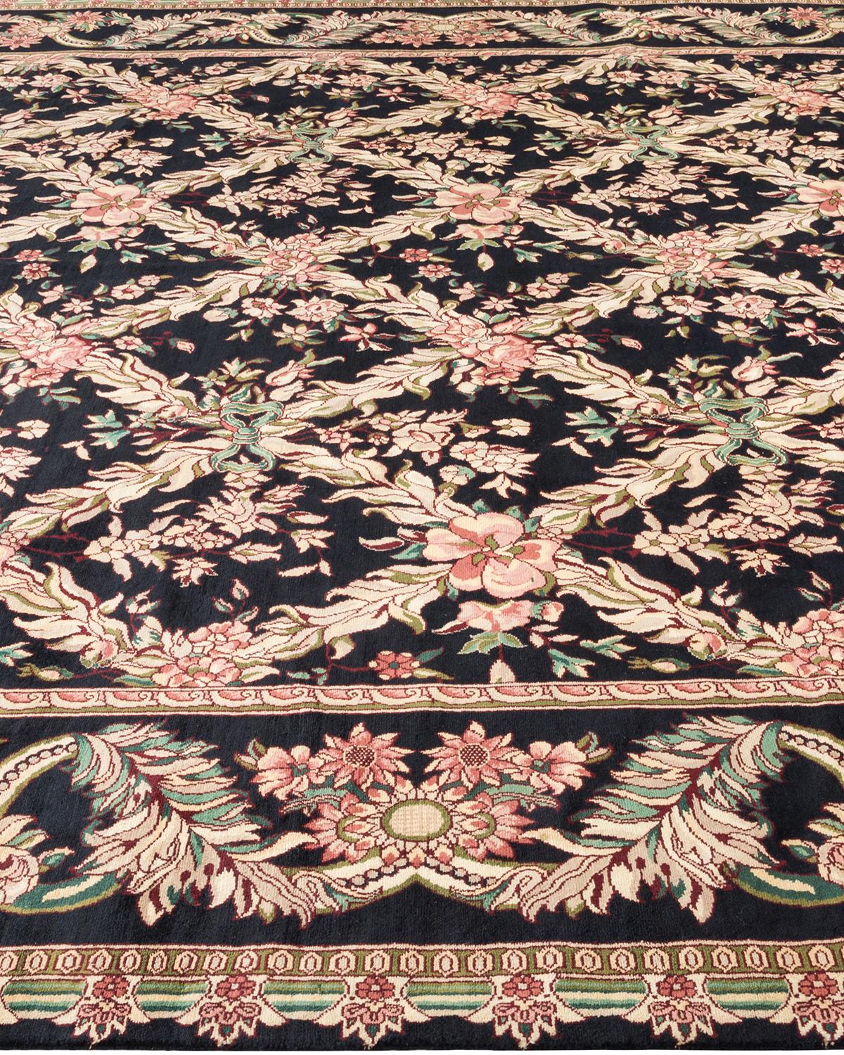 One-of-a-Kind Hand Made Traditional Mogul Black Area Rug In Distressed Condition For Sale In Norwalk, CT