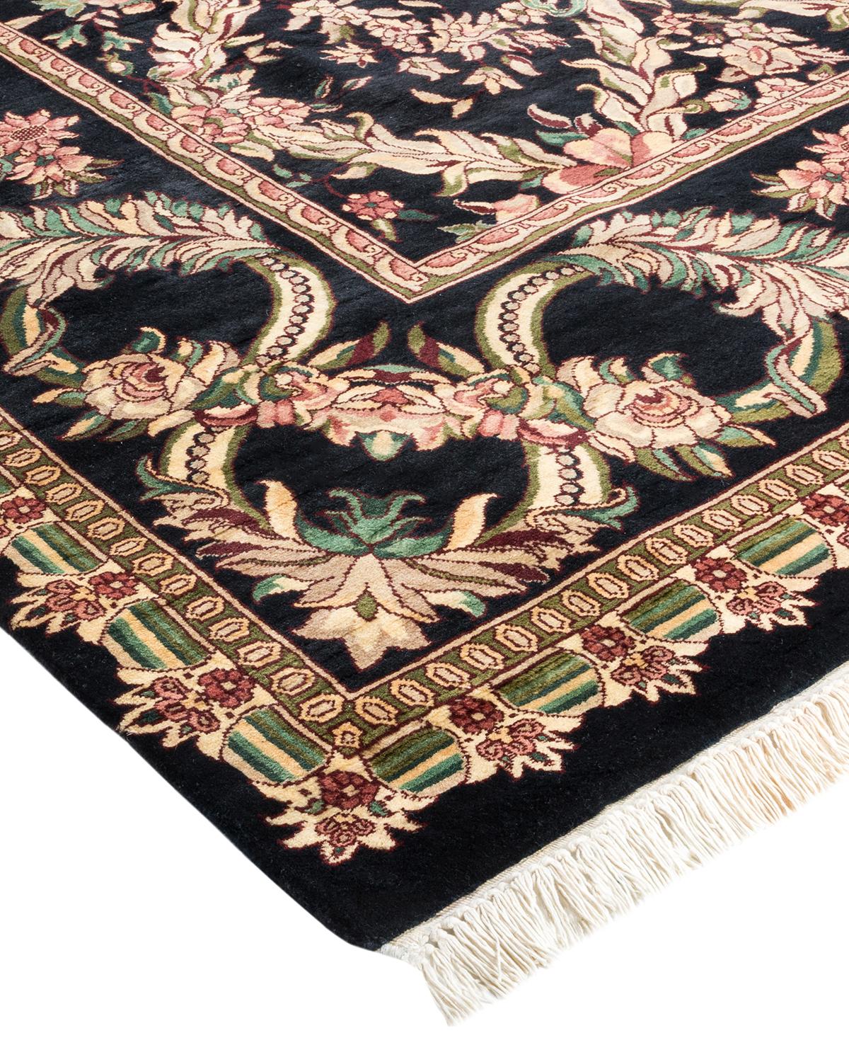 Laine Tapis traditionnel Mogul noir unique fait à la main, unique en son genre en vente