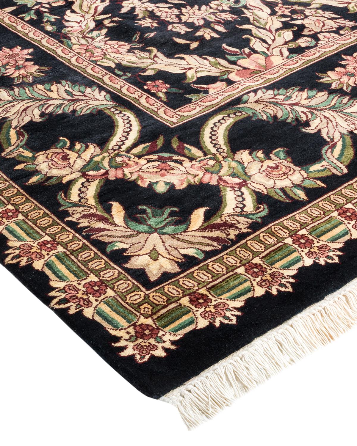 Wool One-of-a-Kind Hand Made Traditional Mogul Black Area Rug For Sale