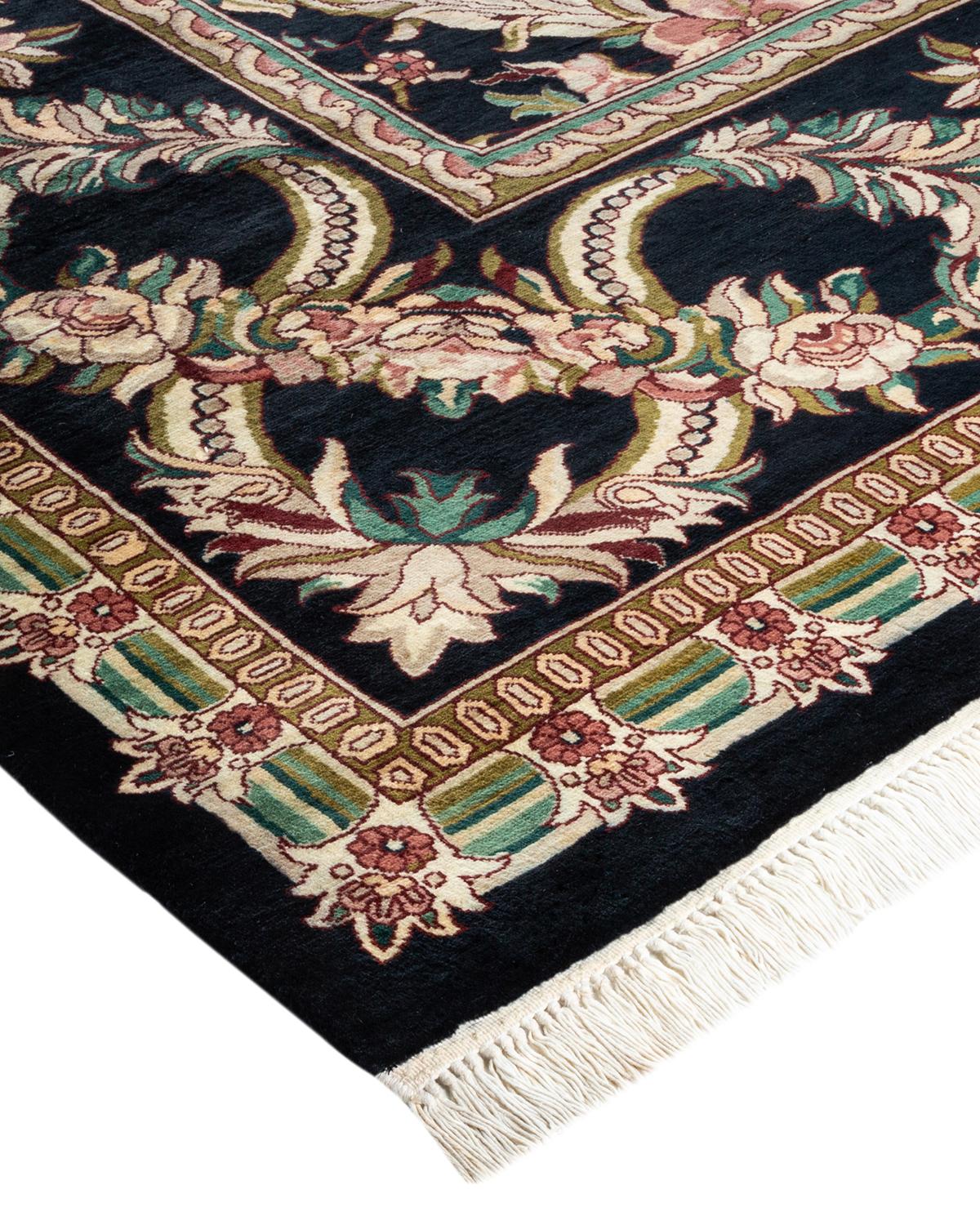 Wool One-of-a-Kind Hand Made Traditional Mogul Black Area Rug For Sale