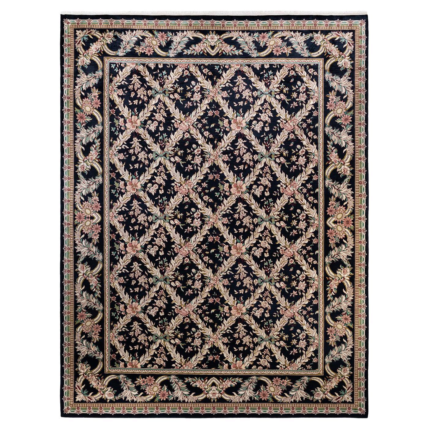 One-of-a-Kind Hand Made Traditional Mogul Black Area Rug For Sale
