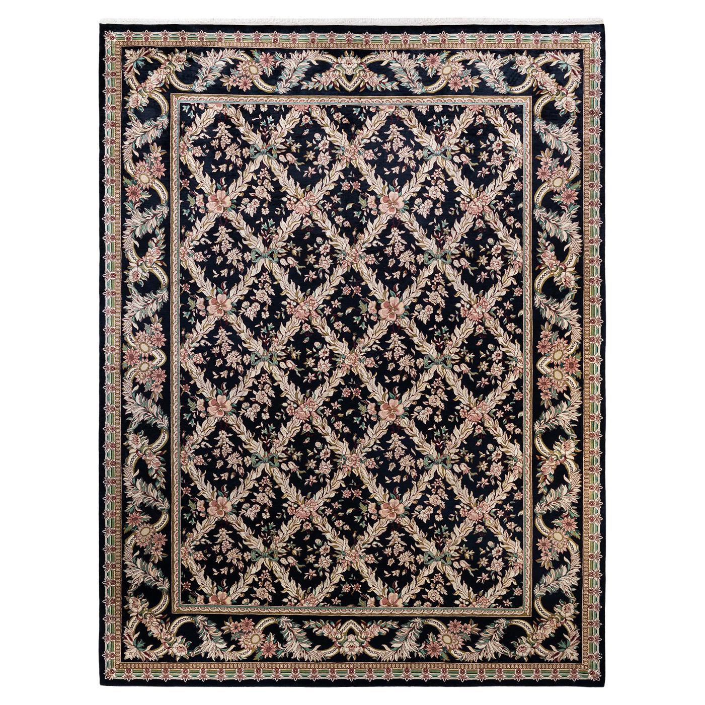 One-of-a-Kind Hand Made Traditional Mogul Black Area Rug For Sale