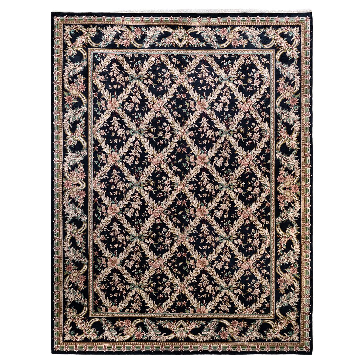 Tapis traditionnel Mogul noir, unique en son genre, fait à la main