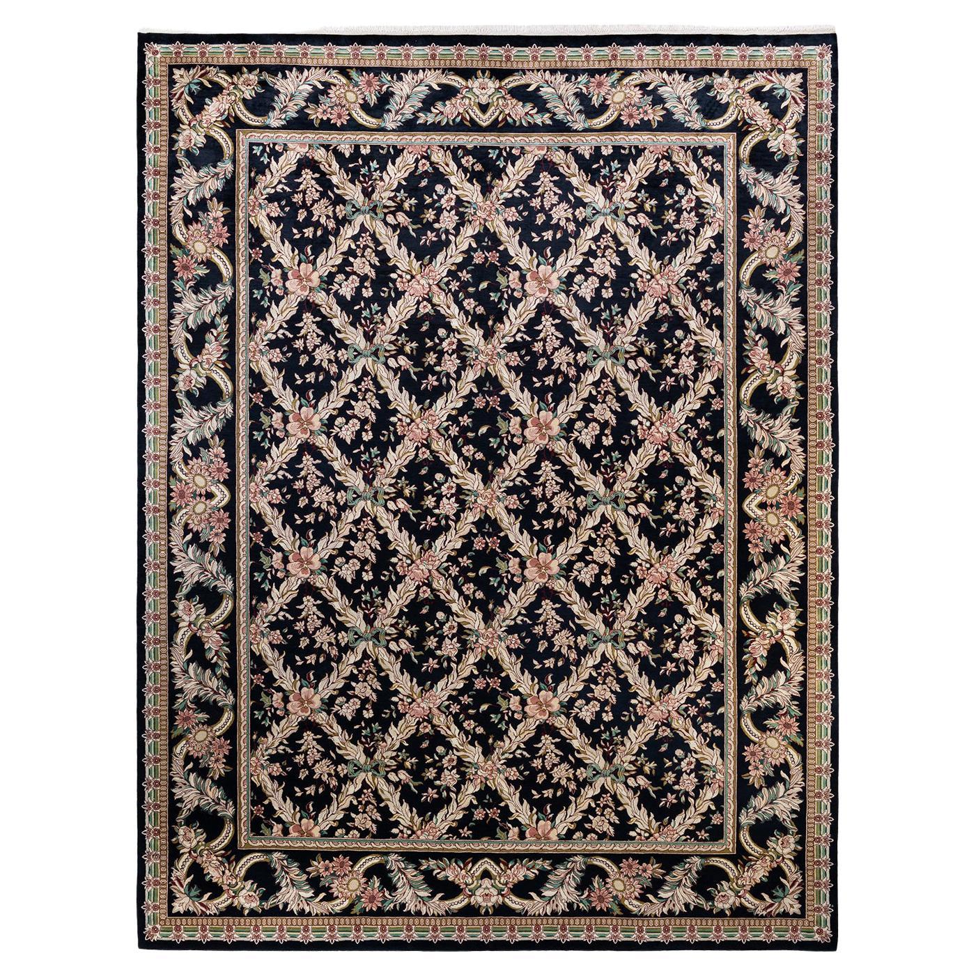 One-Of-A-Kind Hand Made Traditional Mogul Black Area Rug