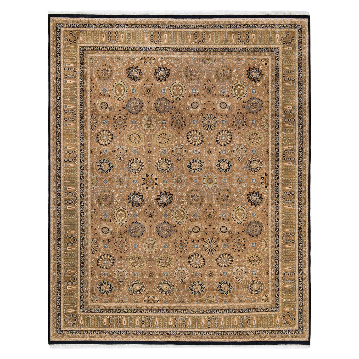 Tapis traditionnel Mogul noir unique fait à la main, unique en son genre