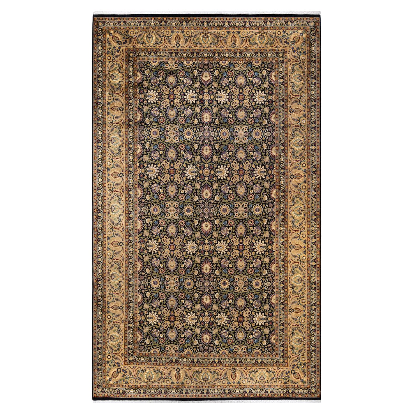 Tapis traditionnel Mogul noir unique fait à la main, unique en son genre