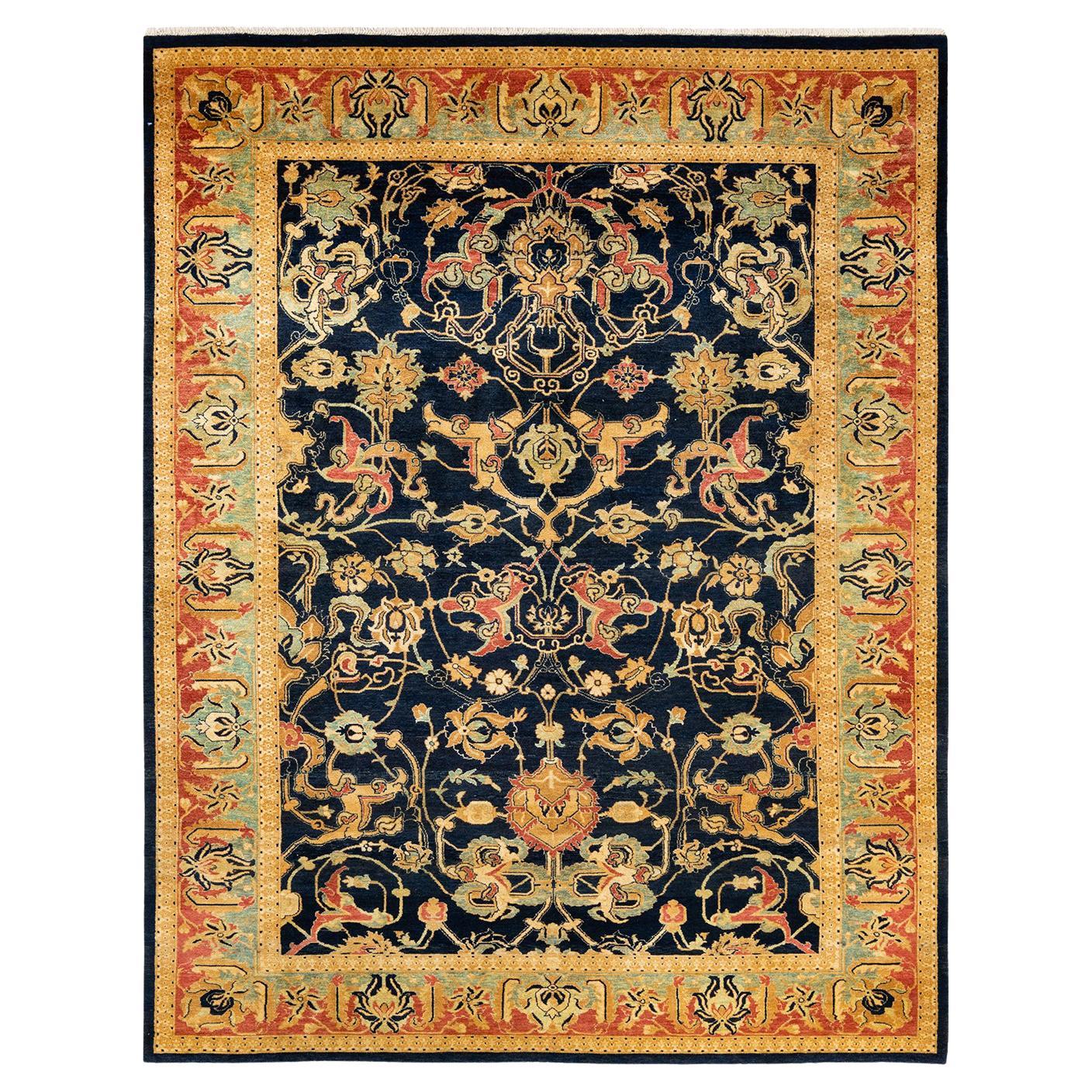 One-of-a-Kind Hand Made Traditional Mogul Blue Area Rug For Sale