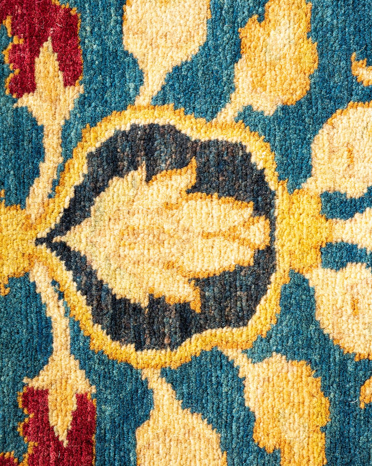 Contemporary One-of-a-Kind Hand Made Traditional Mogul Blue Area Rug For Sale