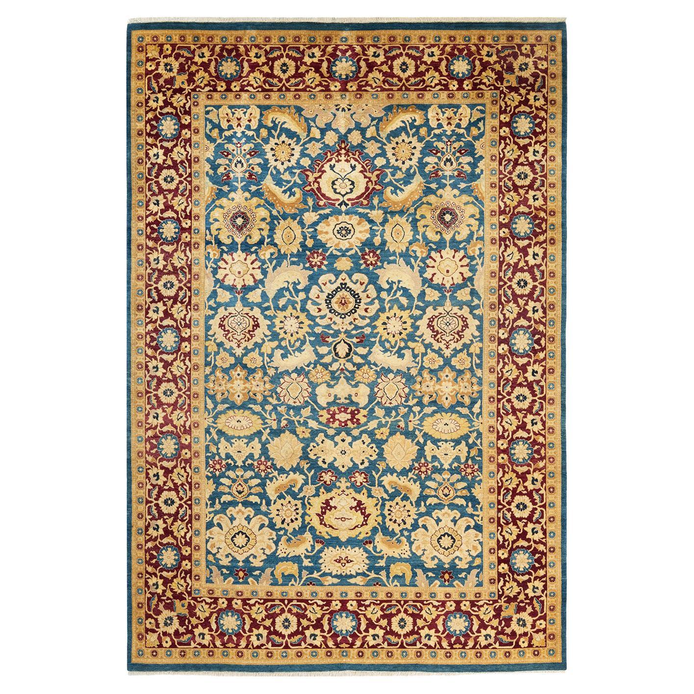 One-of-a-Kind Hand Made Traditional Mogul Blue Area Rug