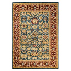 One-of-a-Kind Hand Made Traditional Mogul Blue Area Rug