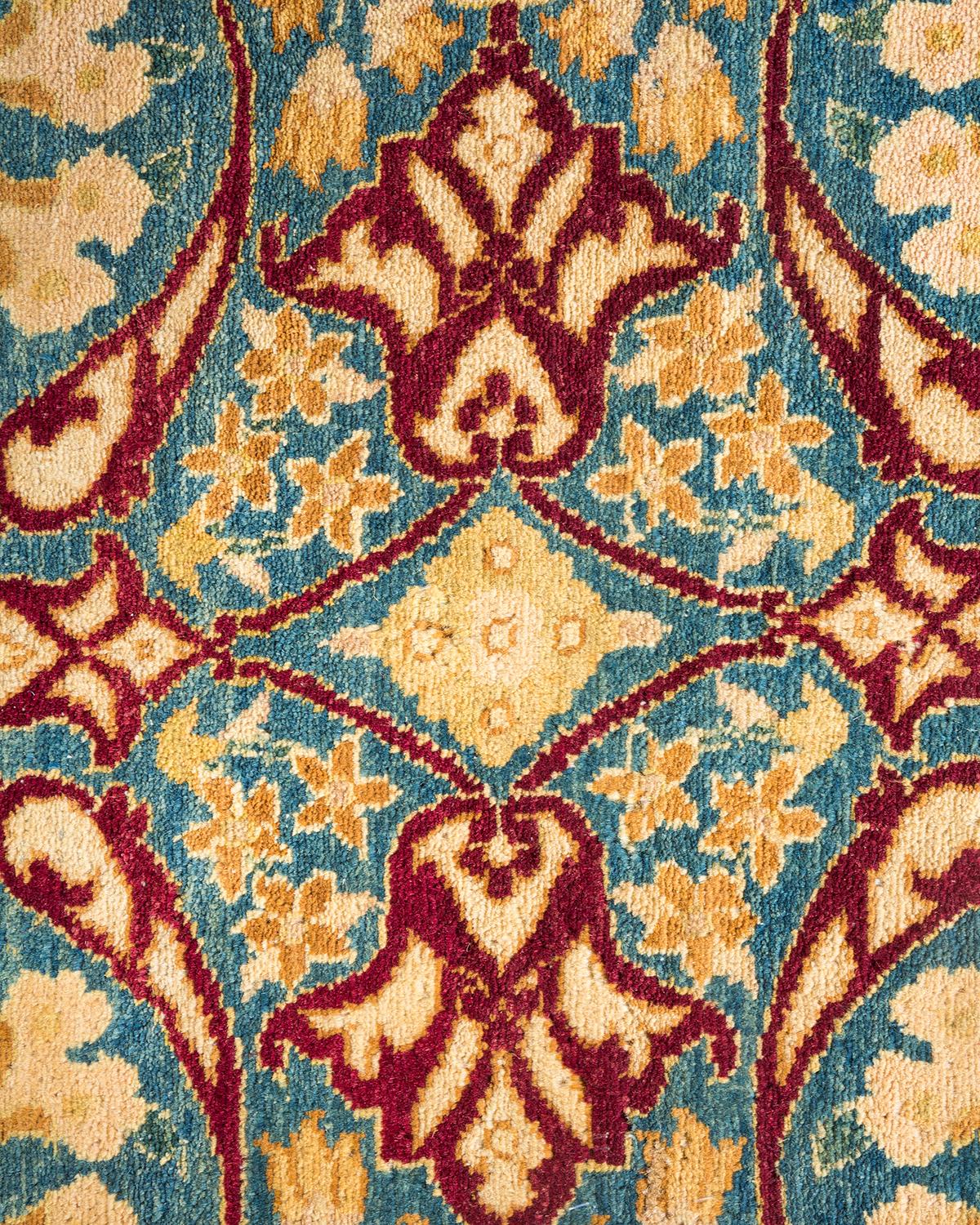 Contemporary One-Of-A-Kind Hand Made Traditional Mogul Blue Area Rug For Sale