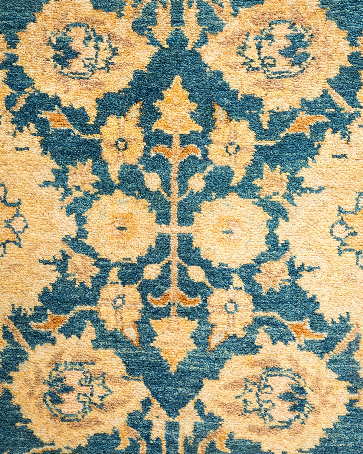 Contemporary One-Of-A-Kind Hand Made Traditional Mogul Blue Area Rug For Sale