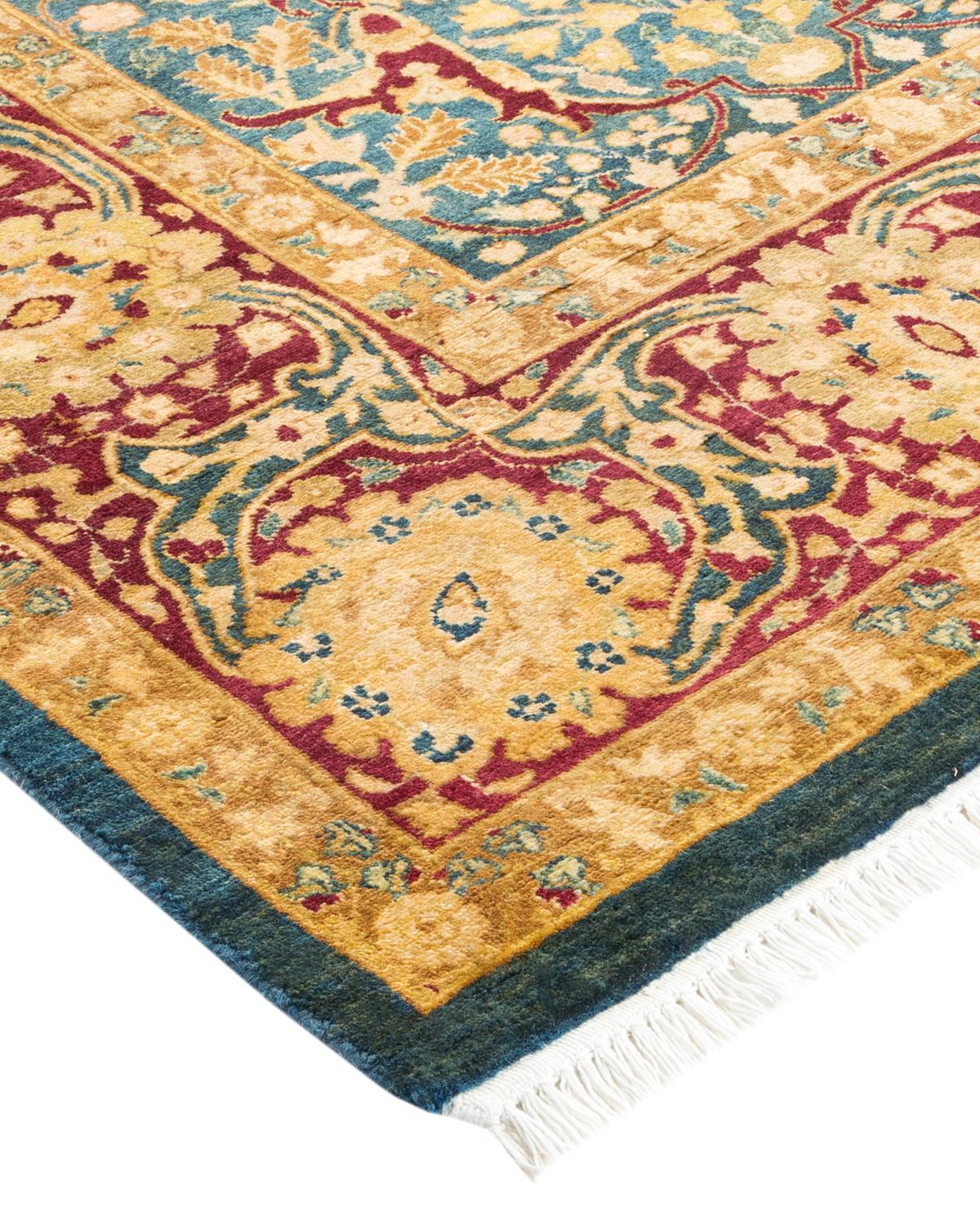 Wool One-Of-A-Kind Hand Made Traditional Mogul Blue Area Rug For Sale