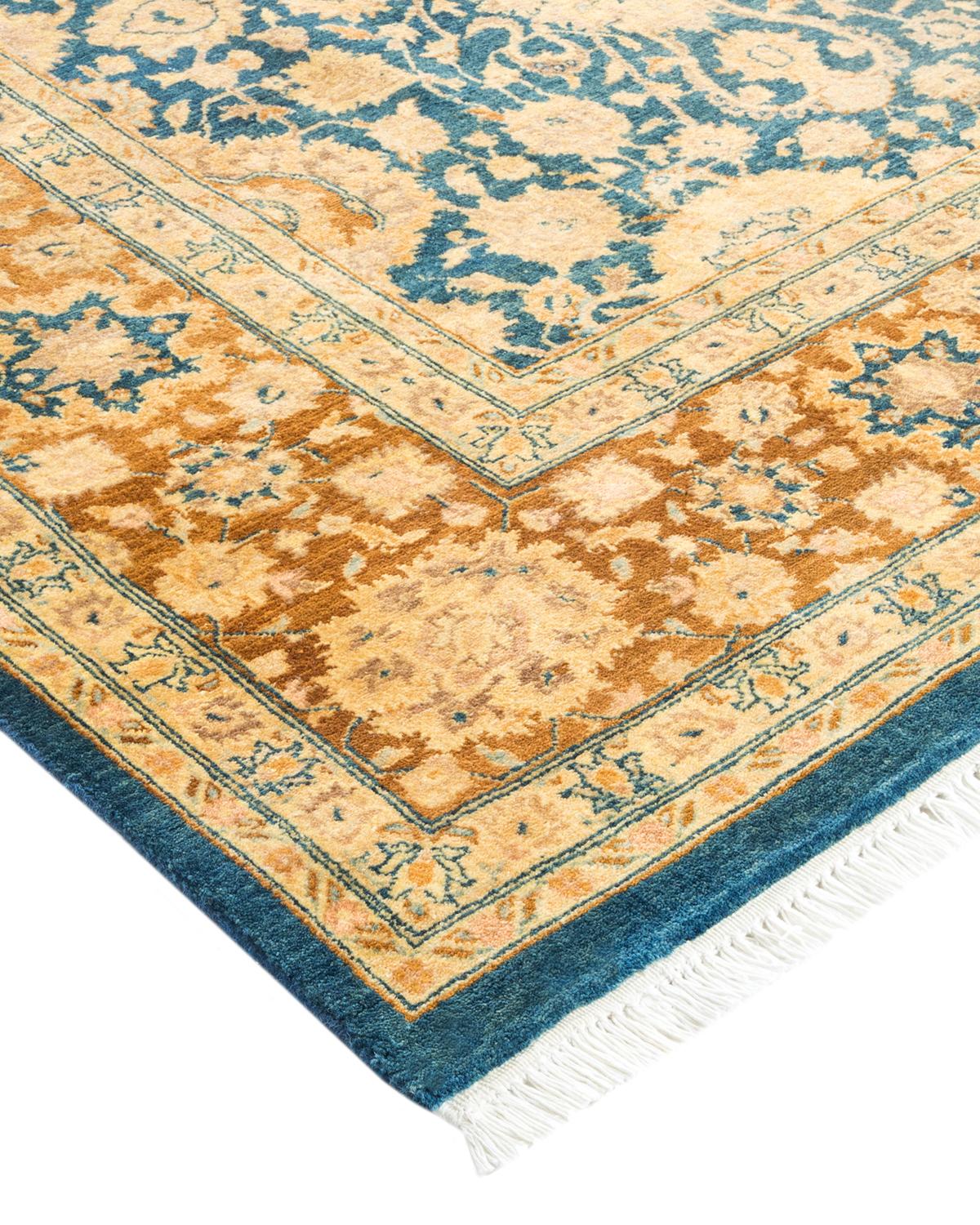 Wool One-Of-A-Kind Hand Made Traditional Mogul Blue Area Rug For Sale