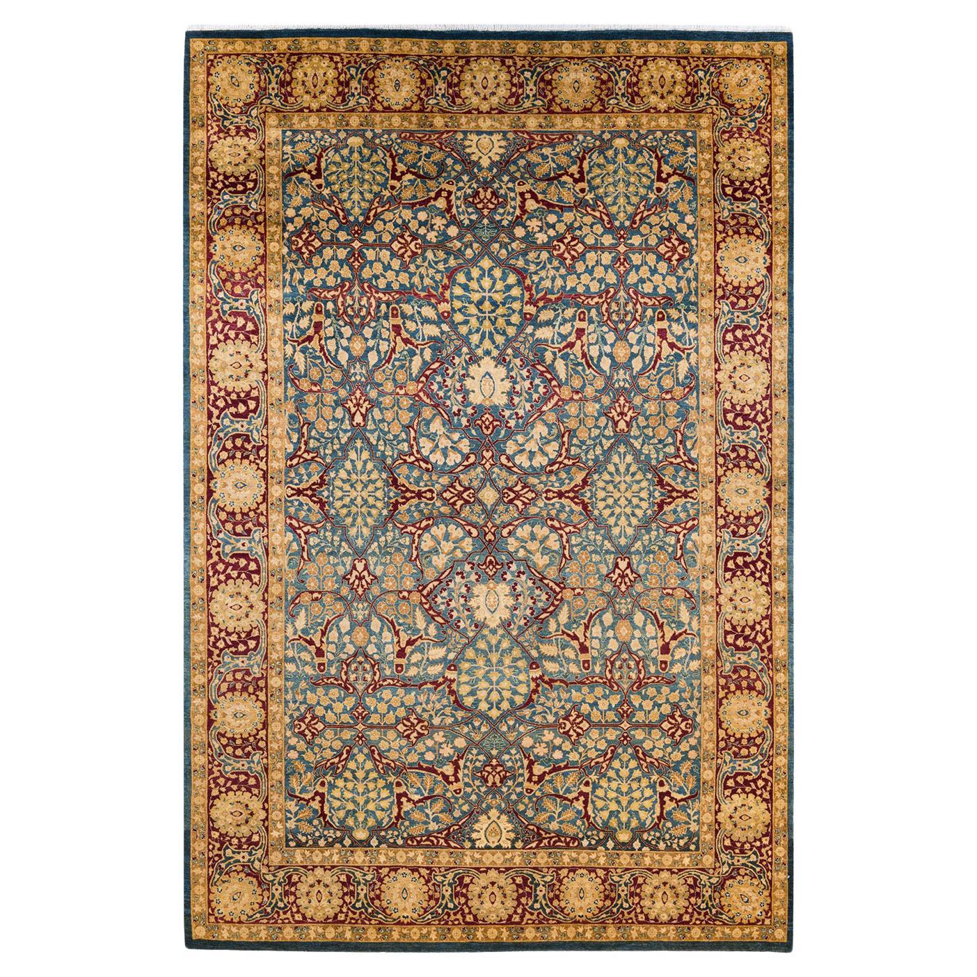 One-Of-A-Kind Hand Made Traditional Mogul Blue Area Rug For Sale