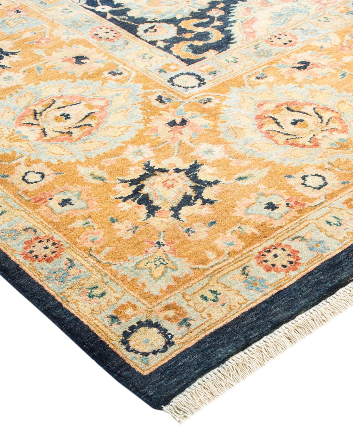 Traditioneller handgefertigter Mogul-Blauer Teppich, Unikat (Wolle) im Angebot