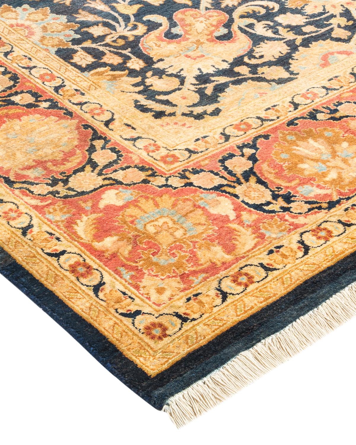 Traditioneller handgefertigter Mogul-Blauer Teppich, Unikat (Wolle) im Angebot