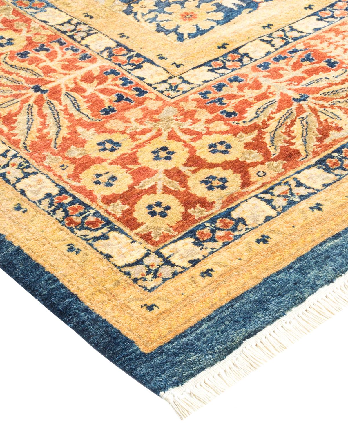 Traditioneller handgefertigter Mogul-Blauer Teppich, Unikat (Wolle) im Angebot