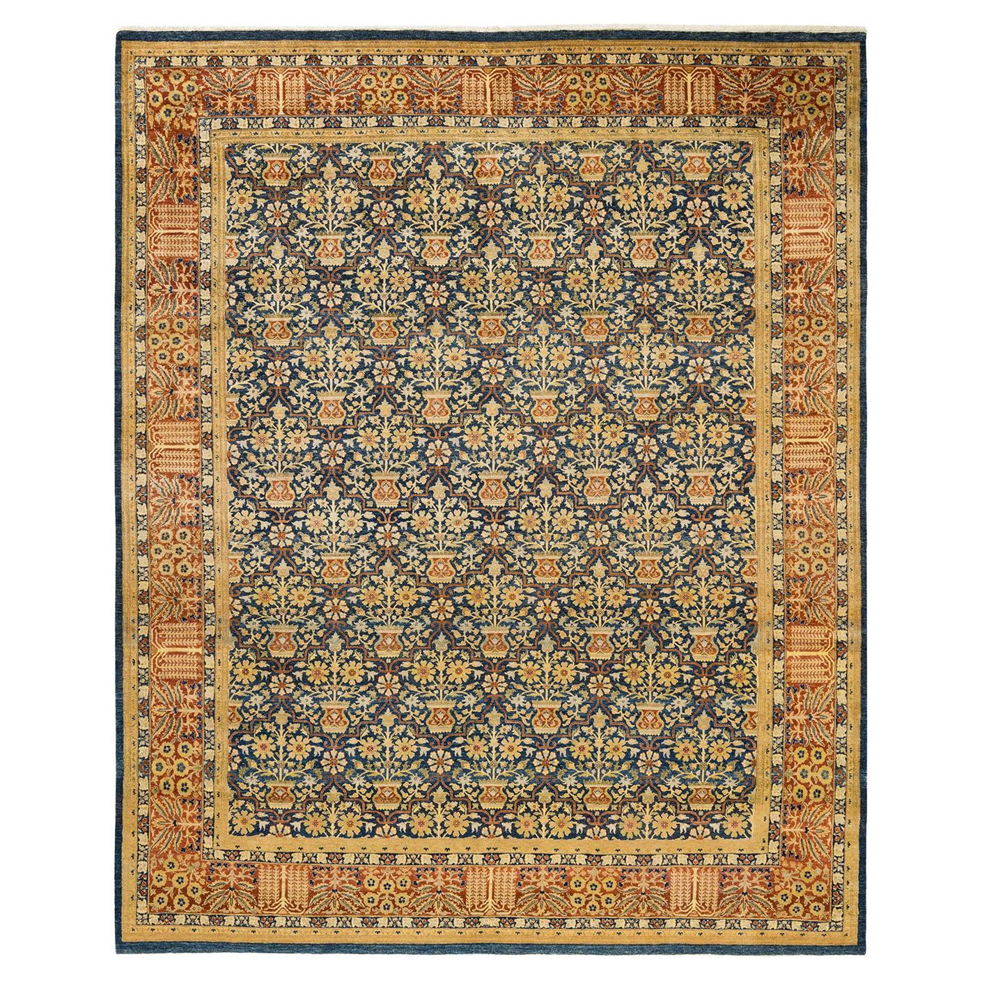 Traditioneller handgefertigter Mogul-Blauer Teppich, Unikat im Angebot