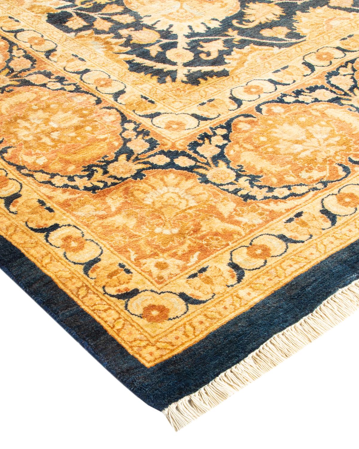 One-Of-A-Kind Hand Made Traditional Mogul Blue Area Rug For Sale 1
