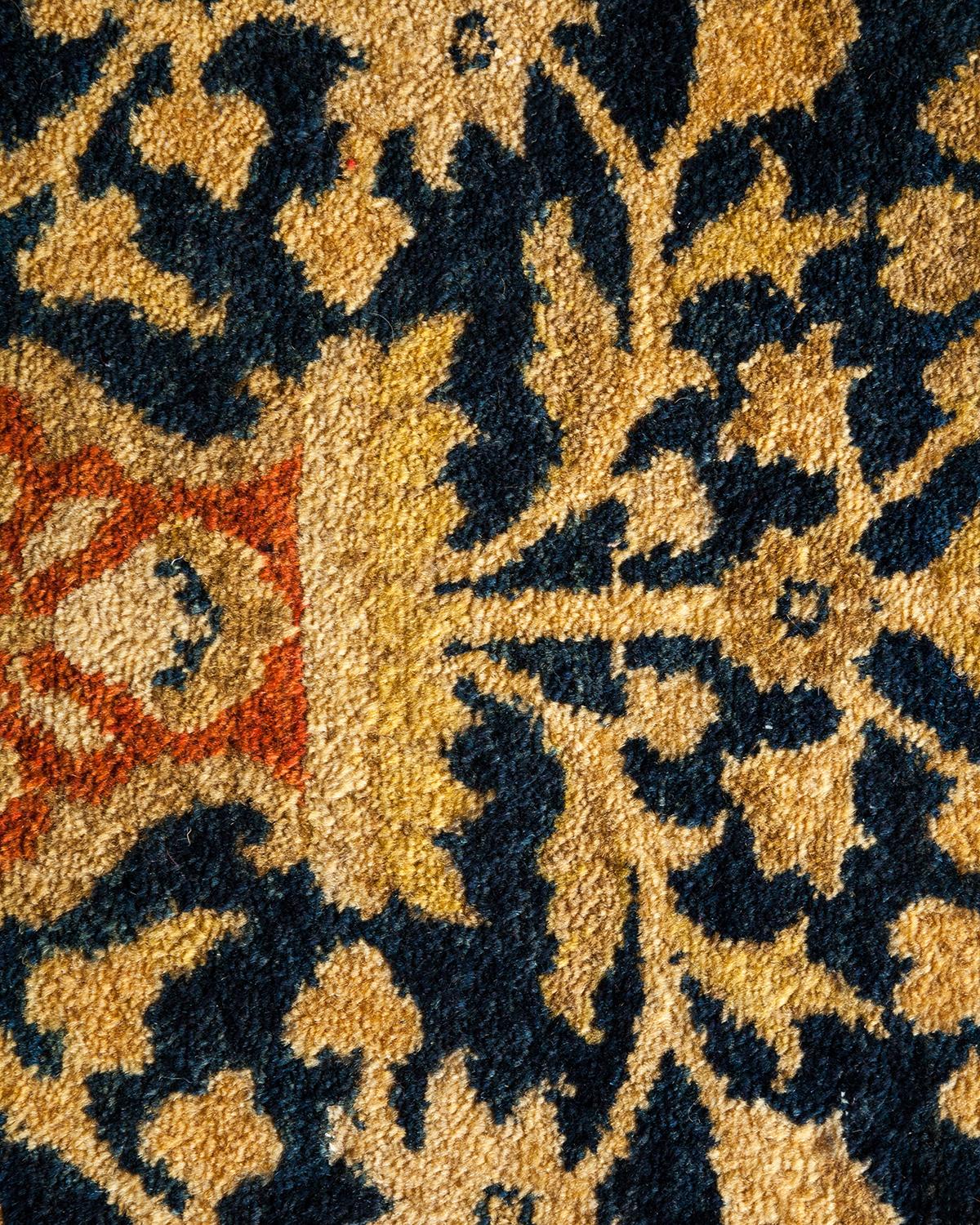 Contemporary One-Of-A-Kind Hand Made Traditional Mogul Blue Area Rug For Sale