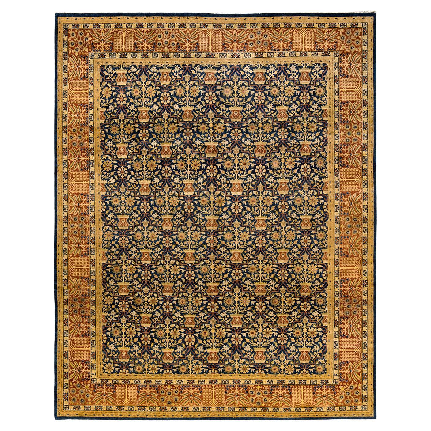 Tapis traditionnel Mogul bleu, unique en son genre, fait à la main