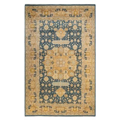 Tapis traditionnel Mogul bleu unique en son genre fait à la main