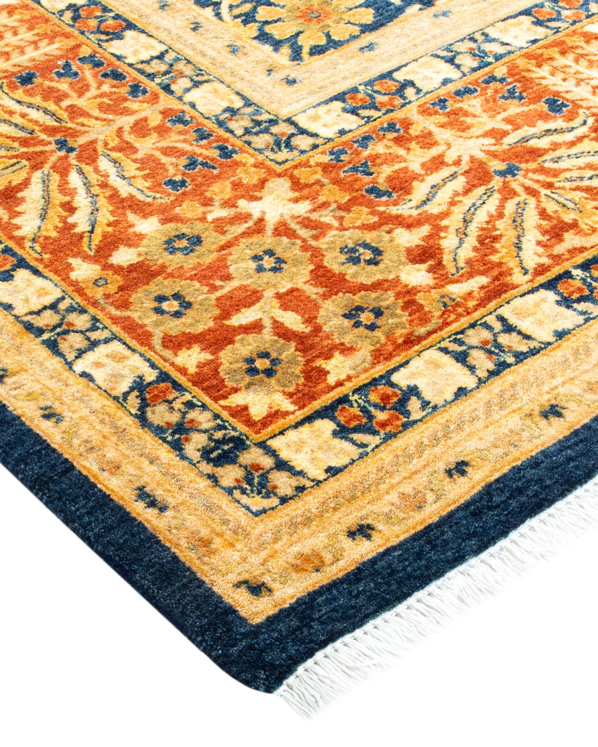Wool One-Of-A-Kind Hand Made Traditional Mogul Blue Area Rug For Sale