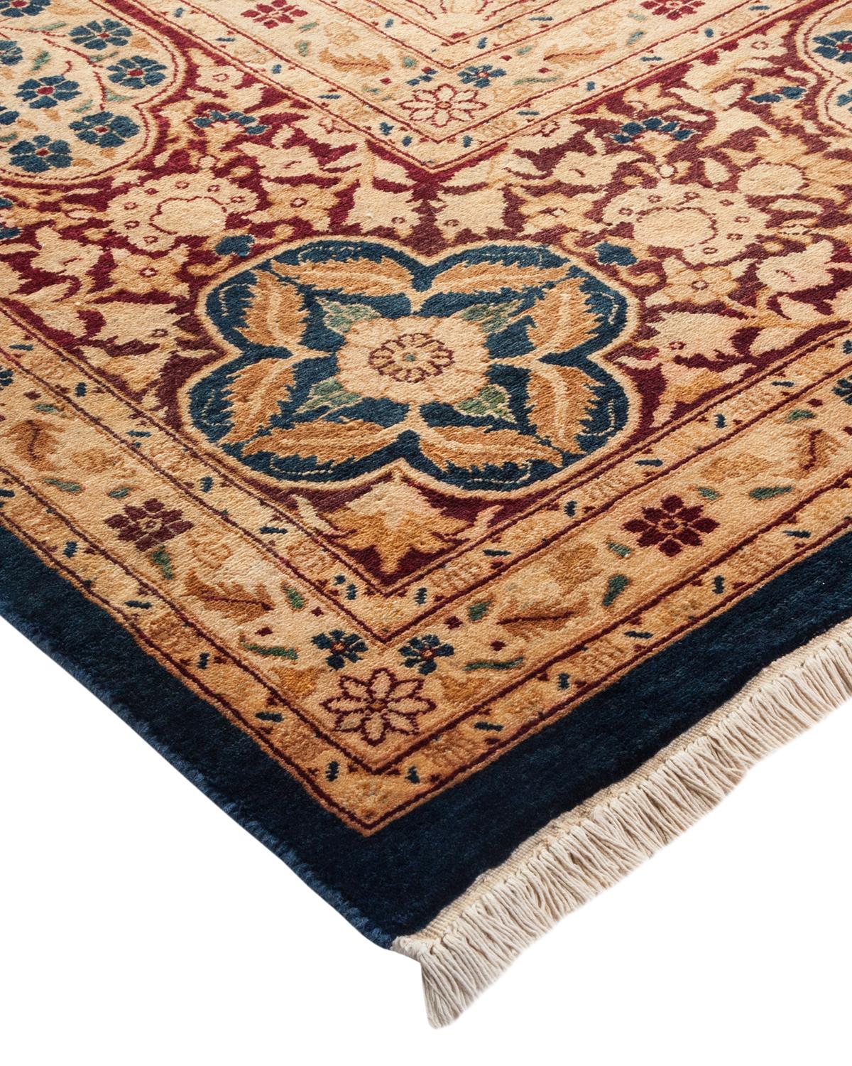 Traditioneller handgefertigter Mogul-Blauer Teppich, Unikat (Wolle) im Angebot