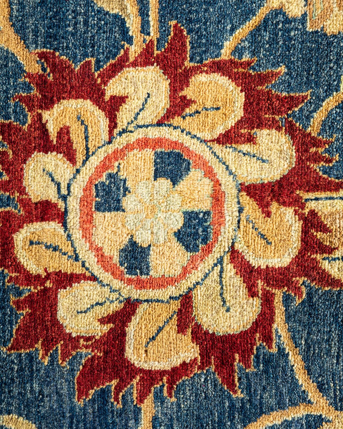 Contemporary One-Of-A-Kind Hand Made Traditional Mogul Blue Area Rug For Sale