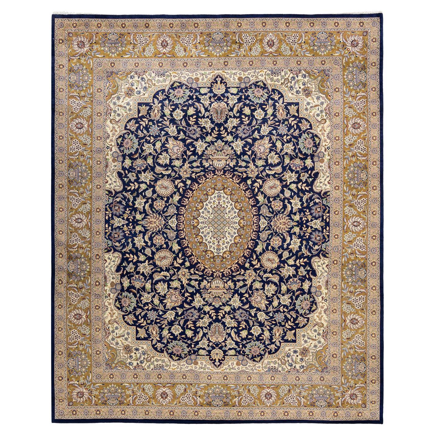 One-of-a-Kind Hand Made Traditional Mogul Blue Area Rug For Sale