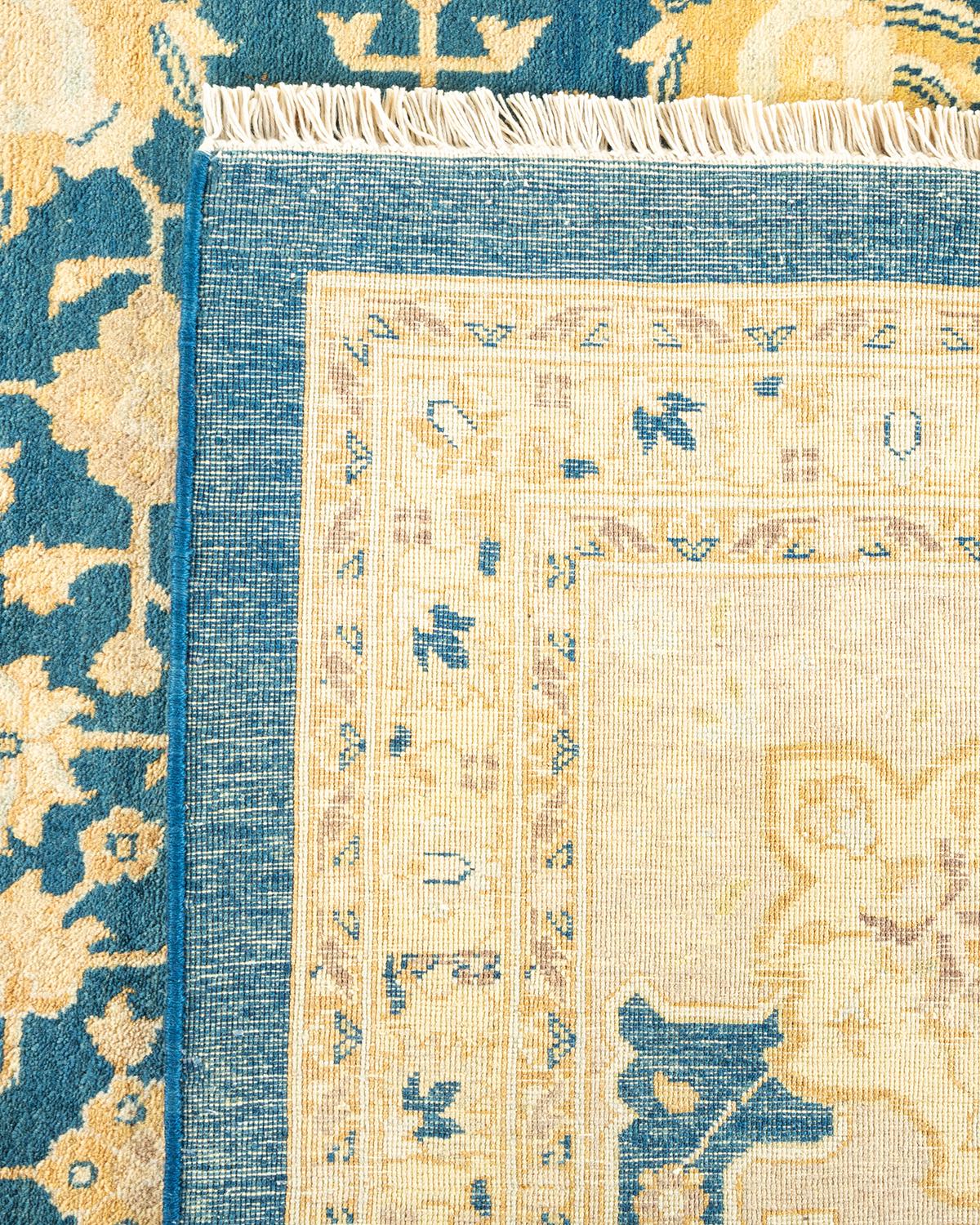 Handgefertigter, traditioneller Mogul-Blauer Teppich, Unikat (Handgeknüpft) im Angebot