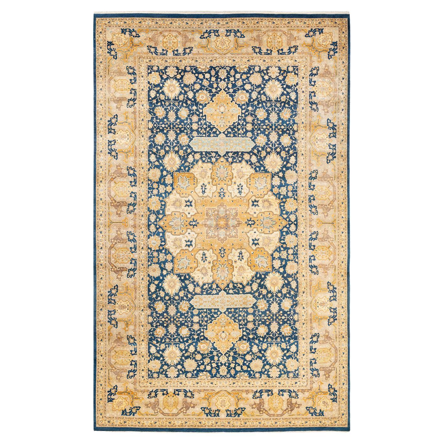 Tapis traditionnel bleu moghol unique fait main, unique en son genre