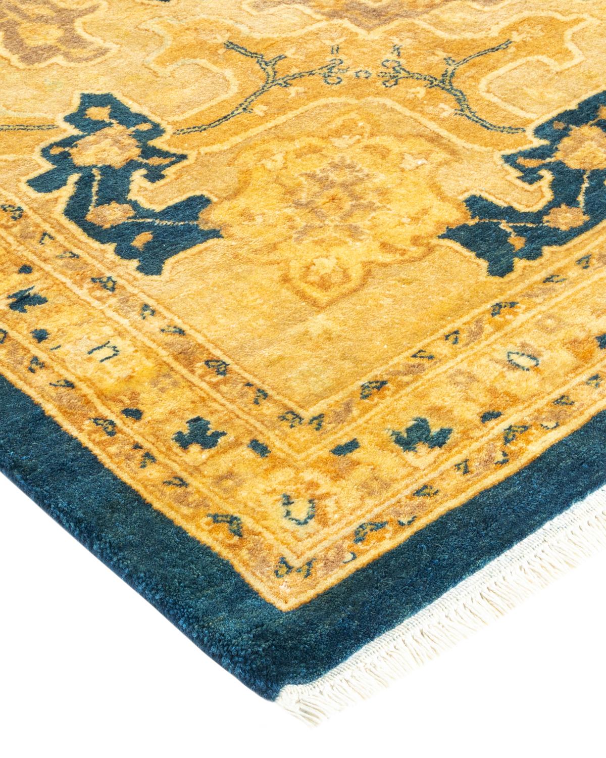 Traditioneller handgefertigter Mogul-Blauer Teppich, Unikat (Wolle) im Angebot