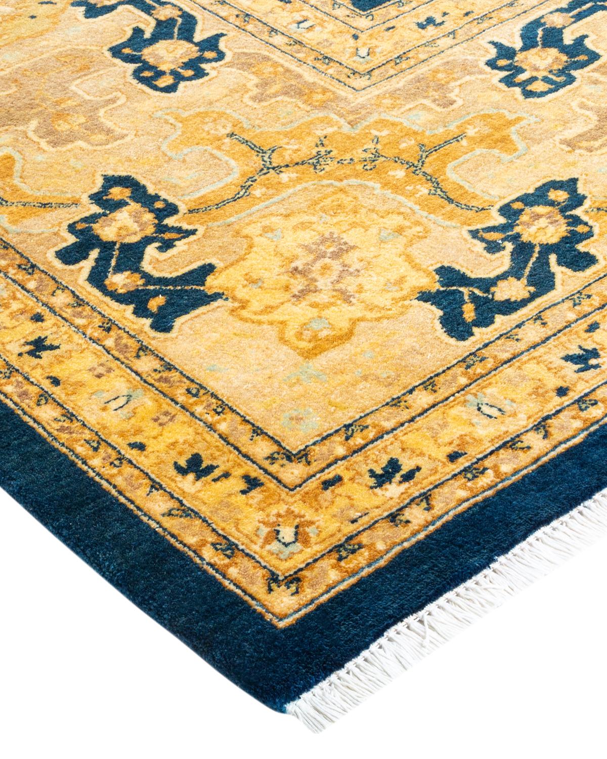 Traditioneller handgefertigter Mogul-Blauer Teppich, Unikat (Wolle) im Angebot