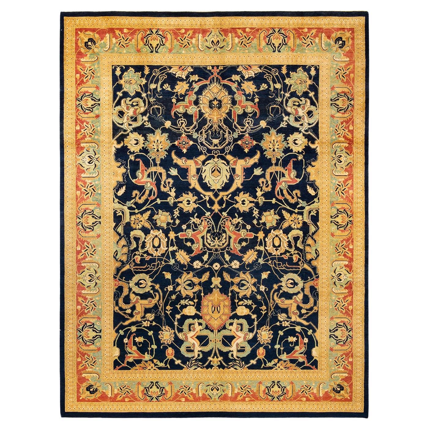 One-Of-A-Kind Hand Made Traditional Mogul Blue Area Rug For Sale