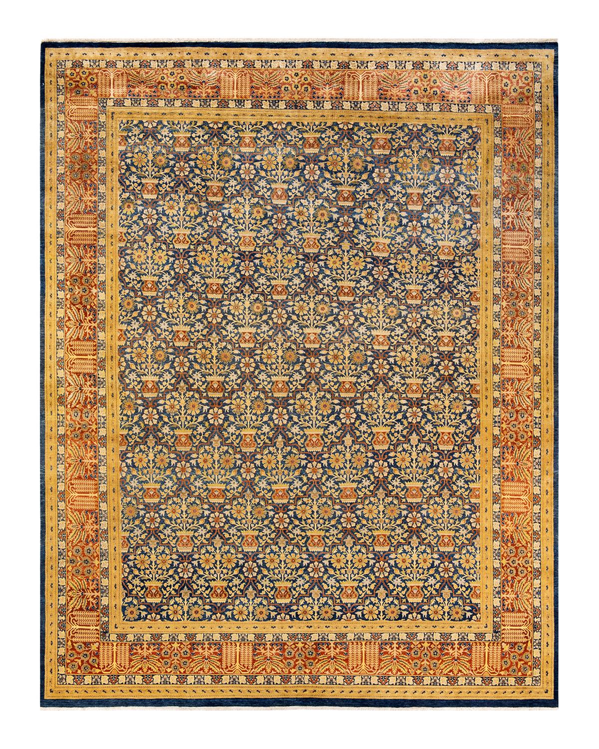 One-Of-A-Kind Hand Made Traditional Mogul Blue Area Rug For Sale 1