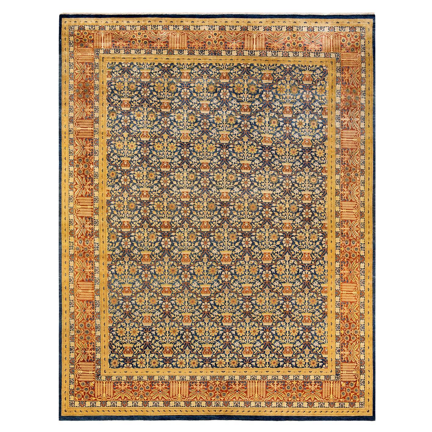 One-Of-A-Kind Hand Made Traditional Mogul Blue Area Rug For Sale