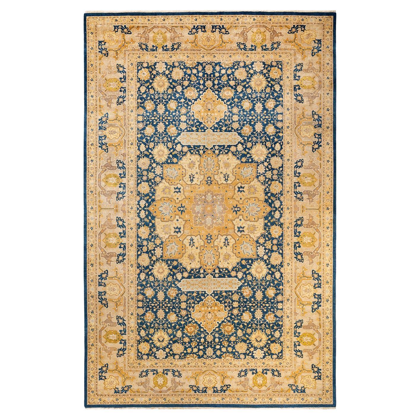 One-Of-A-Kind Hand Made Traditional Mogul Blue Area Rug For Sale