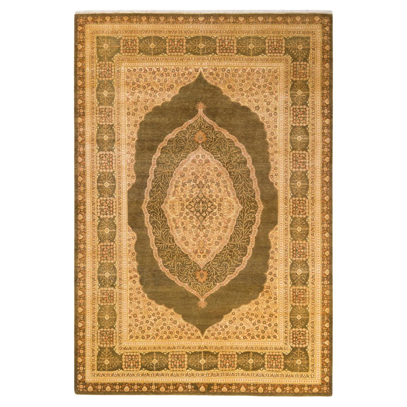 One-of-a-kind Hand Made Traditional Mogul Green Area Rug For Sale